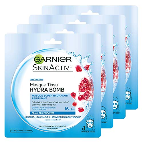 Garnier - SkinActive - Masque Tissu Hydra Bomb - Hydratant et Repulpant - Peaux Déshydratée - Lot de 4 - Nature Linking