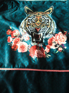 Sac shopping artisanal en velours fait main - Tigre vert et fleur rose - 40x40cm