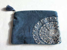 Trousse de Rangement artisanal en Velours bleu -imprimé mandala 26x18cm- Trousse Maquillage-Pochette Maîtresse-Ttrousse Bijoux-Pochette ipad