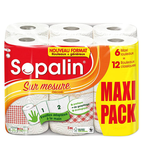 Sopalin Maxi Rouleaux Décoré – x18 Maxi Rouleaux = 36 rouleaux classiques –  Triple épaisseur – Demi-feuilles – Emballage 80% plastique recyclé –